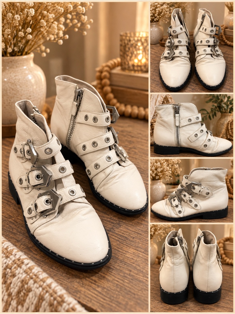 Sol Sana Maxwell White Leather Triple Buckle Moto Ankle Boots Size 6 1/2